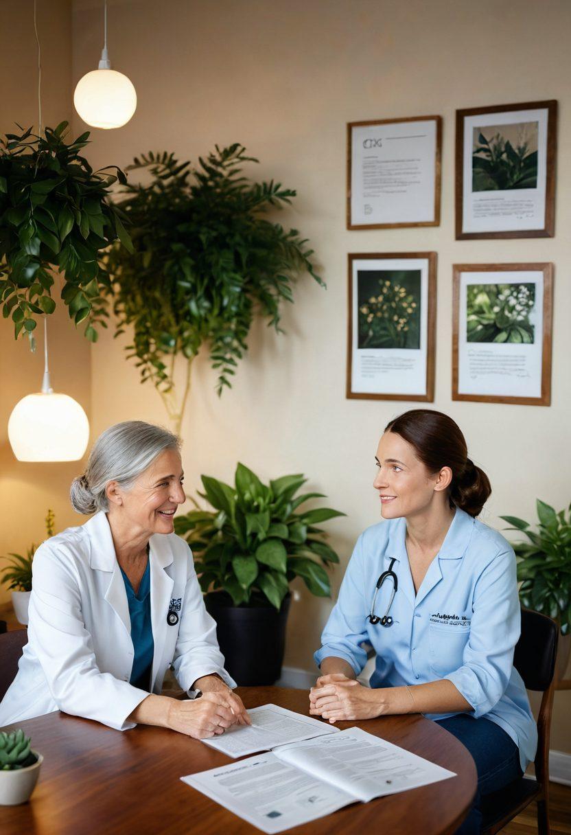 A serene and hopeful scene depicting a patient and a supportive caregiver discussing treatment options in a cozy, well-lit room filled with plants and inspiring quotes on the walls. A table holds informational brochures about cancer treatments, and a computer screen displays a video call with a medical expert. Soft, warm lighting enhances the atmosphere of support and understanding. super-realistic. vibrant colors. 3D.