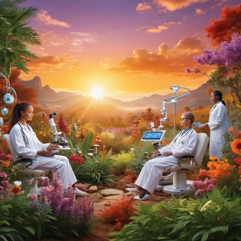 A dynamic collage featuring a vibrant juxtaposition of clinical trials, advanced medical technology, and holistic alternative therapies. Include a diverse group of healthcare professionals discussing innovations with high-tech equipment in the foreground, while botanical elements representing alternative therapies blend into a warm sunset background. Create a sense of hope and progress in oncology. super-realistic. vibrant colors. 3D.