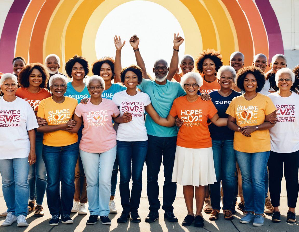 A diverse group of people of different ages and backgrounds, standing together in a circle, holding hands with smiles of hope and empowerment. In the background, a vibrant community center adorned with banners of support and resources. Sunlight streams through, symbolizing hope and resilience. Include symbols of survivorship like ribbons and hearts in a warm color palette. super-realistic. vibrant colors. warm background.